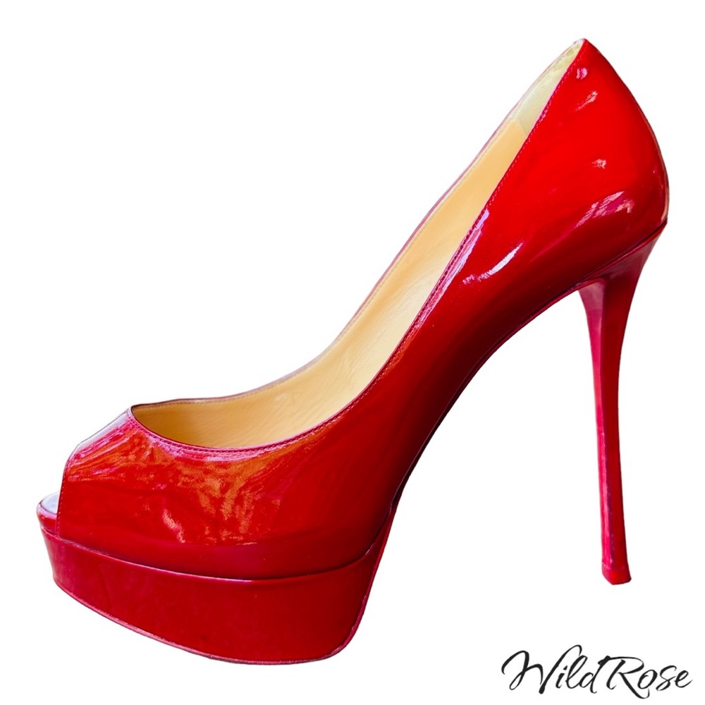 Christian Louboutin Red Patent Leather Lady Peep Toe Platform Pumps Size 37